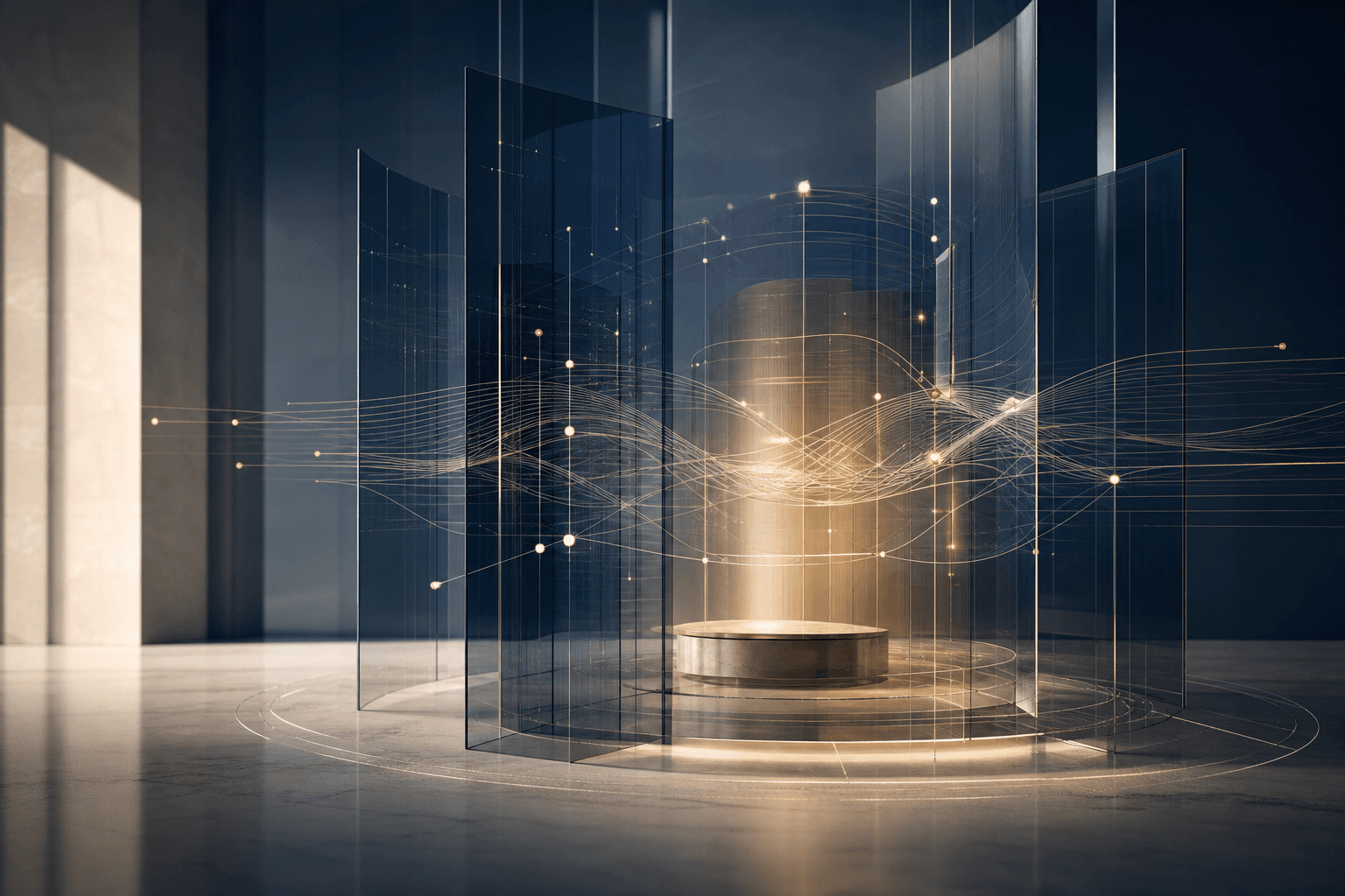 Abstract architectural composition representing data flows and careful judgment